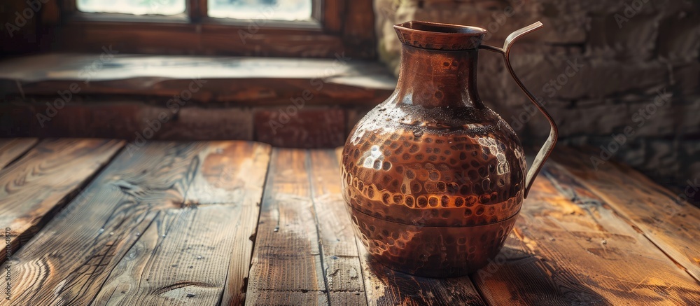 Poster Antique copper pitcher/jug resting on wooden table with traditional rustic setting as background. with copy space image. Place for adding text or design