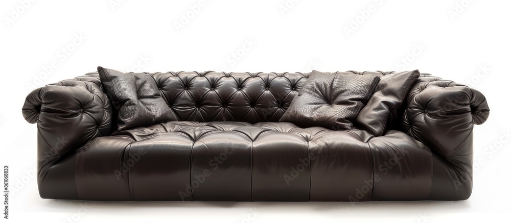 Poster The dark leather sofa with pillows isolated on a white background. with copy space image. Place for adding text or design