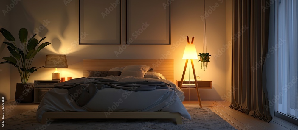 Poster interior of cozy bedroom in modern design with craft floor lamp. with copy space image. place for ad