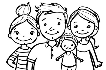 A digital illustration of a family of four, consisting of a man, a woman, and two children. The characters are drawn with simple and clean lines. A loving family is the ultimate human relationship.