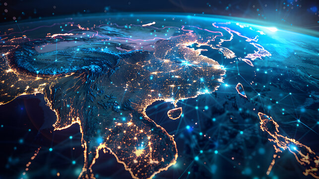 Digital world globe centered on South East Asia, concept of global network and connectivity on Earth, data transfer and cyber technology, information exchange and international telecom - Powered by Adobe