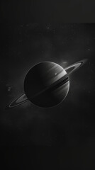 A black and white illustration of the planet Saturn with its rings, against an all black background