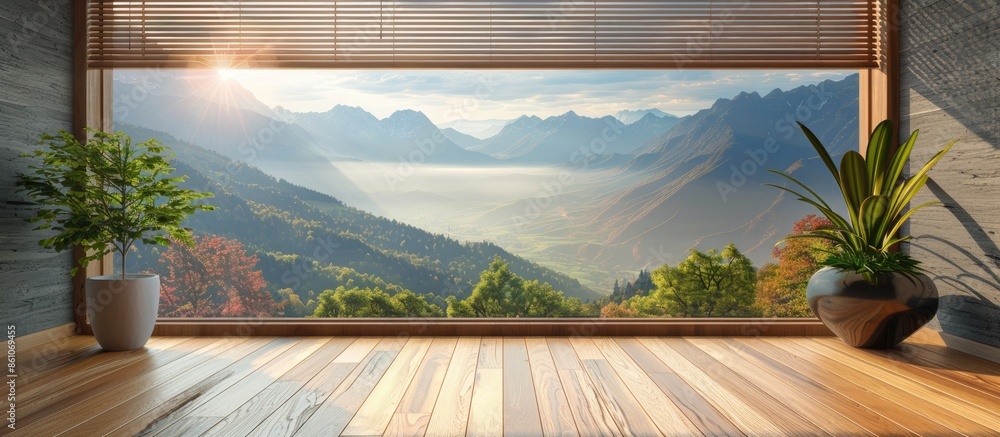 Aufkleber wooden window blinds in a house with a beautiful landscape. with copy space image. Place for adding text or design