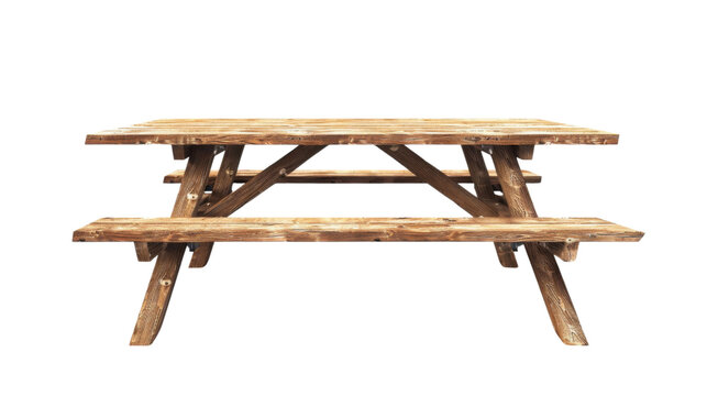 A wooden picnic table with a bench on it. Isolated on transparent background.