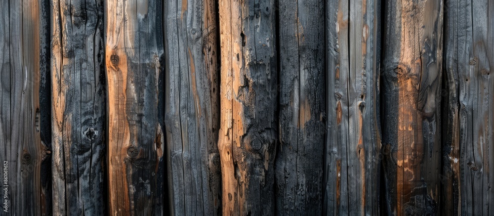 Poster Natural architectural texture of weathered round wooden poles exposed to sunlight. with copy space image. Place for adding text or design