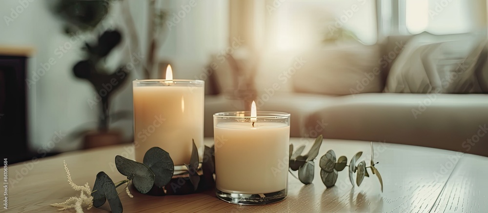 Poster handmade soy candles of unique design. hygge scandinavian style concept withcandles. relaxation atmo