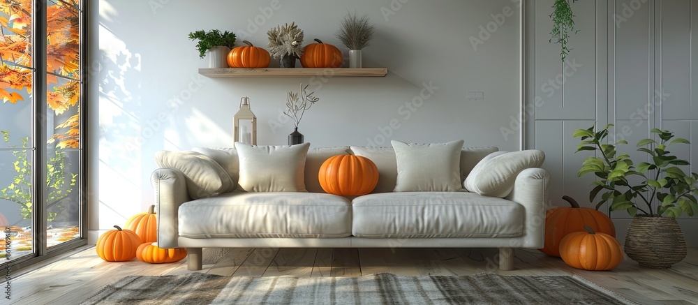 Poster interior of modern living room with comfortable sofas and pumpkins. with copy space image. place for