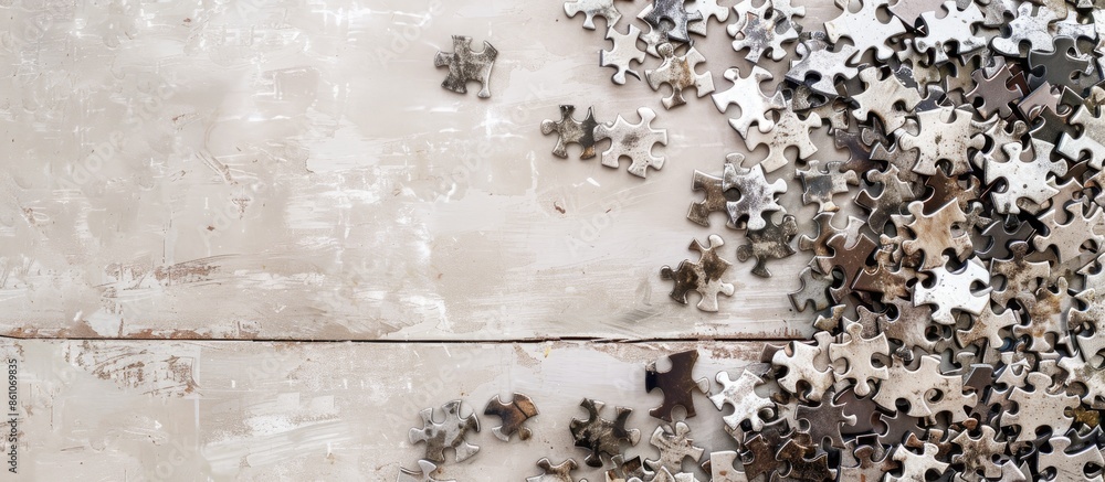 Fototapete metal puzzle pieces on a white floor pastel background. with copy space image. place for adding text