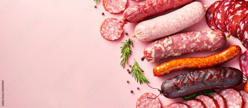 Poster different sausages and smoked meats isolated on pastel background . with copy space image. place for
