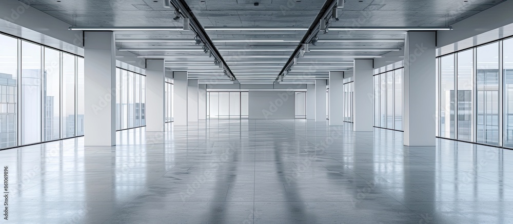 Poster empty pure commercial office building undecorated in gray colors.open space office. with copy space image. Place for adding text or design
