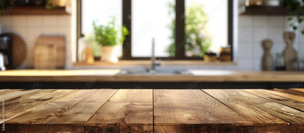 Poster table top and blur kitchen room of the background. with copy space image. place for adding text or d