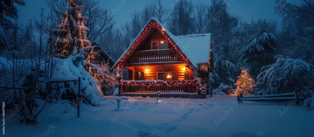 Poster Wooden house with terrace with red illumination in winter evening in village. Copy space image. Place for adding text or design
