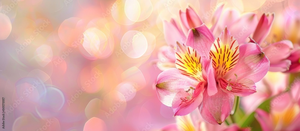 Leinwandbilder Pink alstroemeria with a yellow middle closeup. pastel background with bokeh. Macro flowers. with copy space image. Place for adding text or design