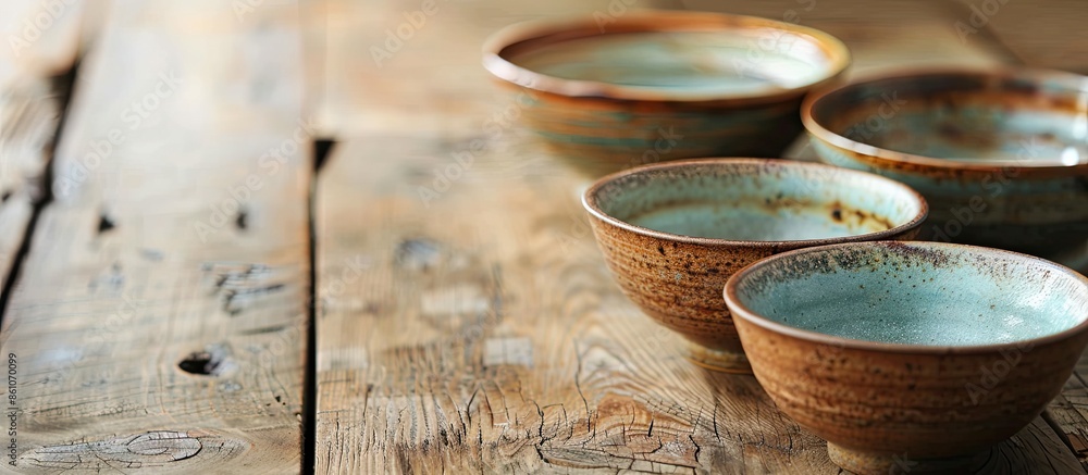 Poster empty bowls and cups on a wooden table. with copy space image. place for adding text or design