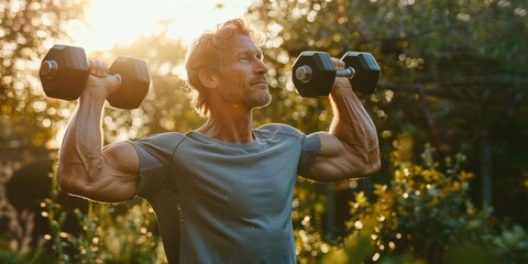 Athletic bald man lifting weights in an outdoor setting, demonstrating fitness, strength, and determination. AIG58