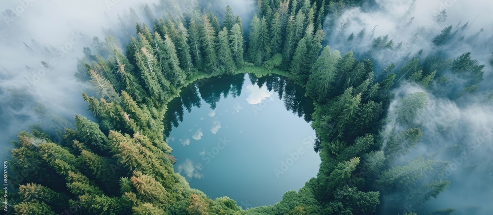 Poster vertical earth lake surrounded by alpine forest. eco image with cloud reflection resembling the plan
