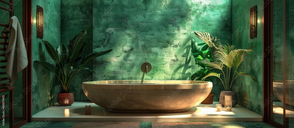 Poster Bath in exotic style bathroom interior. with copy space image. Place for adding text or design
