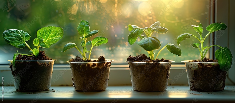 Poster indoor seedlings on a windowsill. the green sprouts are growing in small pots with soil and are illu