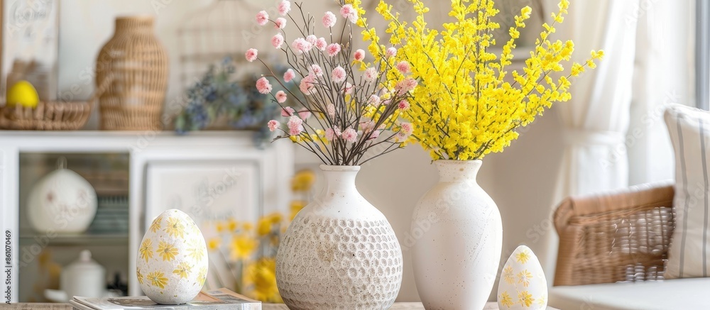 Aufkleber vases with beautiful easter decor, mimosa flowers and magazines on table in room. with copy space im