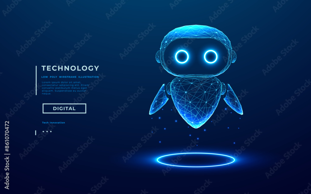 Poster 3D abstract digital AI robot floating above a light blue neon portal. Technology innovation background. Cute blue polygonal futuristic bot assistant. Tech bg. Low poly wireframe vector illustration.