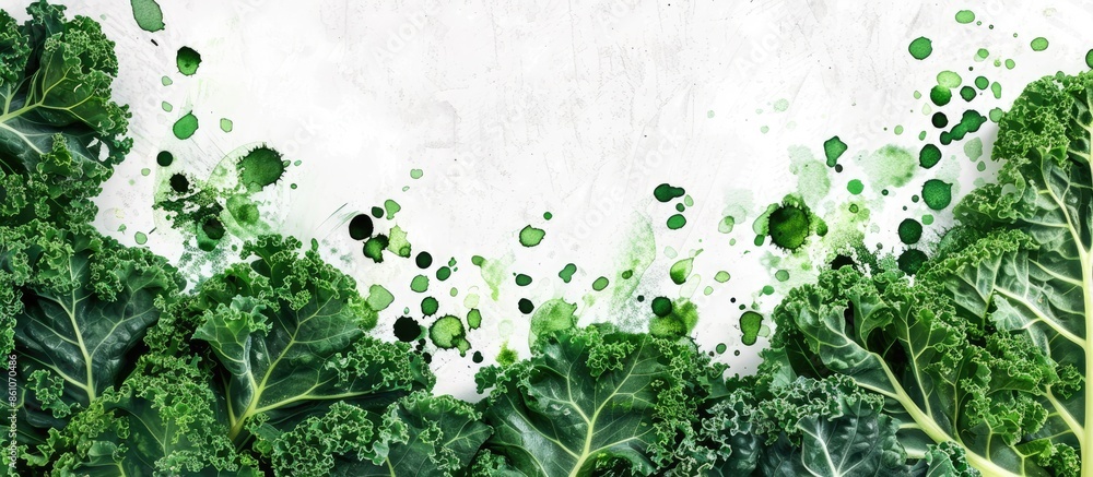 Fototapete creative layout made of green kale with watercolor spots on the white background. flat lay. food con