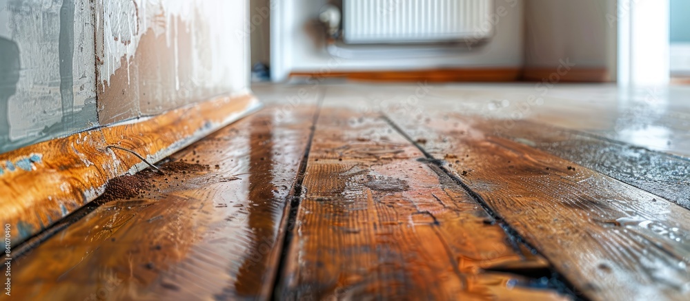 Poster the wood skirting board became swelling because of the water damage incident occurs. with copy space