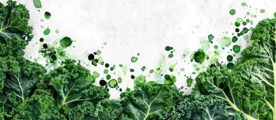 Fototapeta premium Creative layout made of green kale with watercolor spots on the white background. Flat lay. Food concept. Copy space image. Place for adding text or design