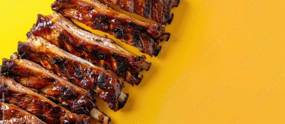 Poster smoked ribs, isolated on pastel background. high resolution image. with copy space image. place for 