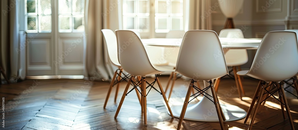 Poster Round dining tale with white chairs in upscale home. with copy space image. Place for adding text or design