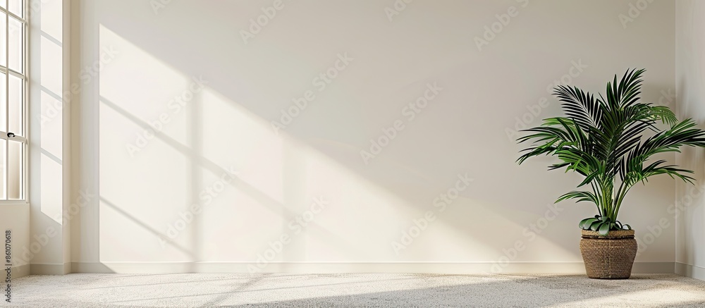 Poster houseplant and carpet near light wall in big empty room. with copy space image. place for adding tex