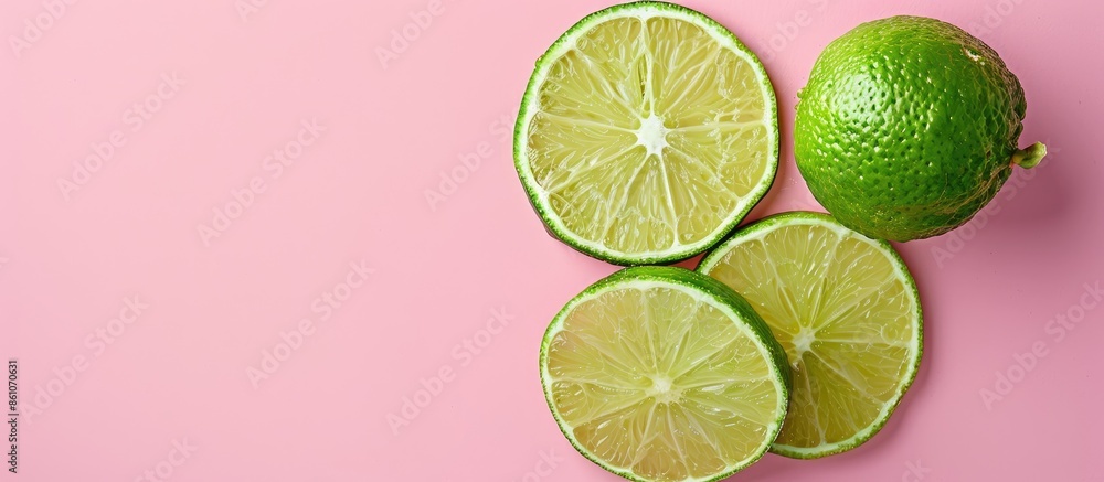 Poster lime slices isolated on pastel background food isolated. with copy space image. place for adding tex