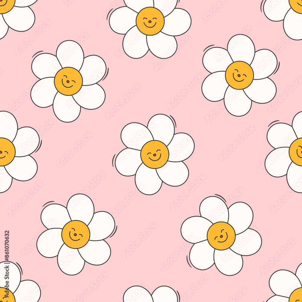 Aufkleber seamless vector pattern with cute flower character in retro style. abstract groovy daisy with smilin