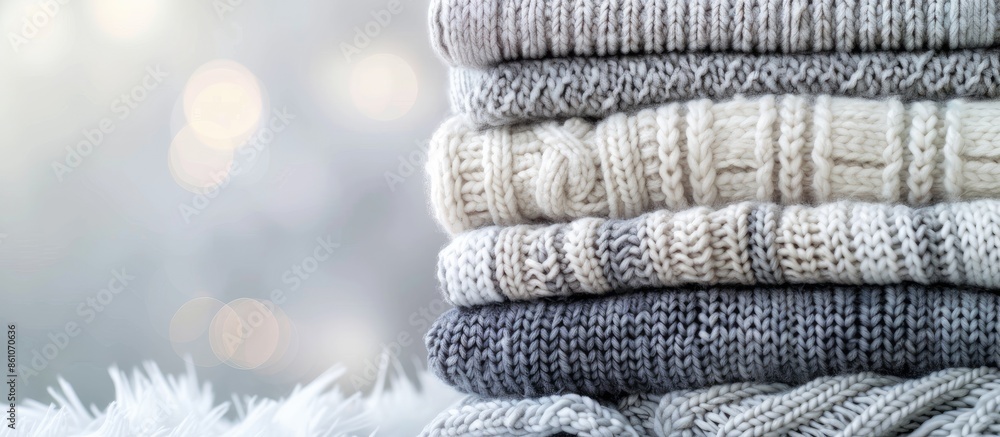Aufkleber Stack warm knitted sweaters in white and gray shades. with copy space image. Place for adding text or design