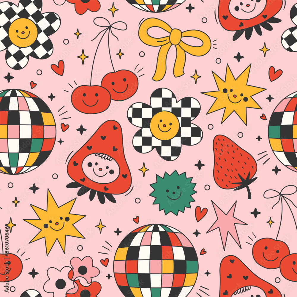 Poster seamless vector pattern with colorful hippie elements in 70s and 80s style. groovy background with f