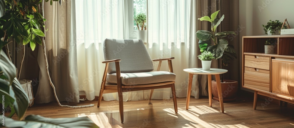 Poster comfortable armchair and small coffee table placed at window in spacious workroom with desk and cabi