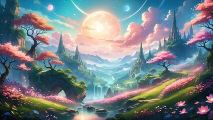 Obraz premium A stunning fantasy landscape featuring an enchanted forest with vibrant trees, colorful flowers, and a glowing moon in a colorful sky. The scene exudes a magical and dreamlike atmosphere