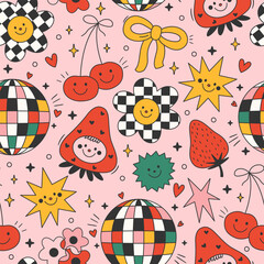 Naklejka premium Seamless vector pattern with colorful hippie elements in 70s and 80s style. Groovy background with flowers, disco ball, cherry, strawberry and stars. Fun retro texture for wallpaper, wrapping paper