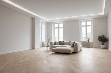 Spacious living room with white walls large windows beige sectional sofa and wooden floor