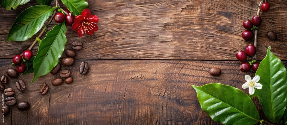 Poster coffee beans with real coffee fruits, flowers and leaves on wooden table close up. red coffee beans 