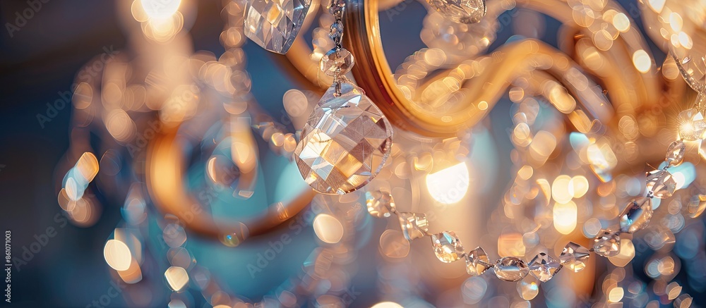 Fototapete chandelier light in interior, chrystal chandelier close-up.crystal part from chandelier. with copy s