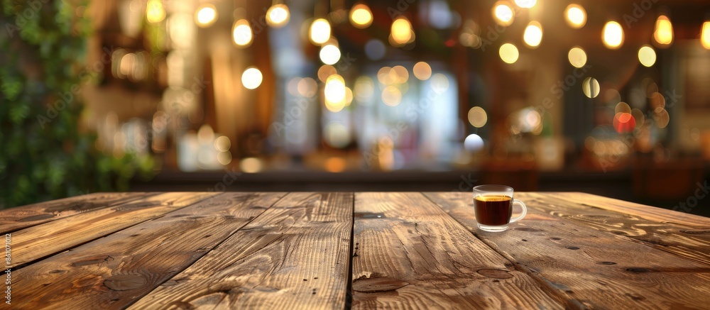 Poster selected focus empty brown wooden table and coffee shop blur background with bokeh image, for produc
