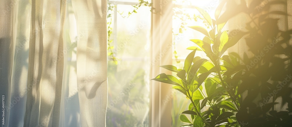 Poster bright morning sun in the open window through the curtains. with copy space image. place for adding 