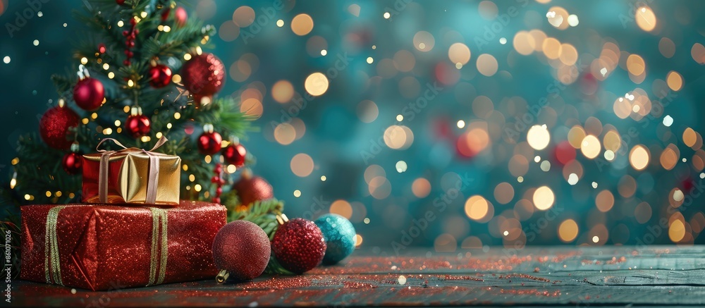 Poster christmas or new year still life with gift boxes and baubles below christmas tree on a wooden table.