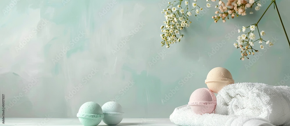 Poster Clean soft towels and bath bombs in bathroom, space for text . with copy space image. Place for adding text or design