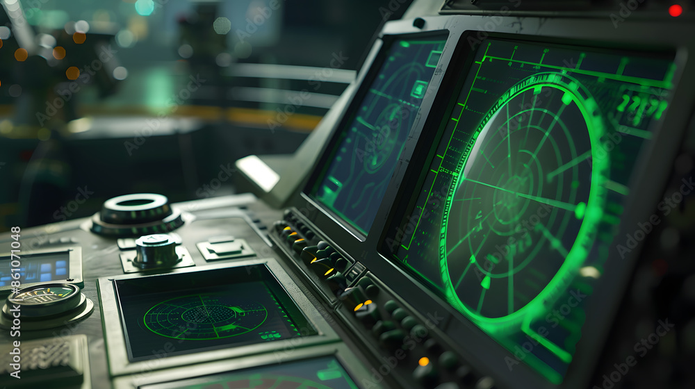 Aufkleber Radar screen with green display indication on a captains bridge of modern ship : Generative AI