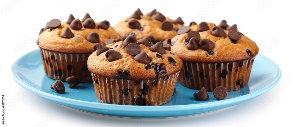 Poster organic homemade vanilla chocolate butter cup cake muffin bread is on the blue plate and isolated on white background (clipping path included). with copy space image. Place for adding text or design
