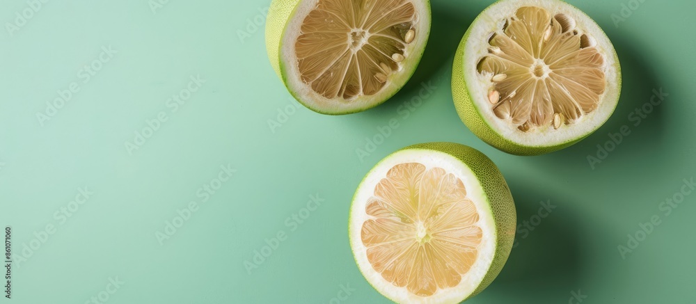 Poster sliced pomelo isolated pastel background pummelo pomelo. with copy space image. place for adding tex
