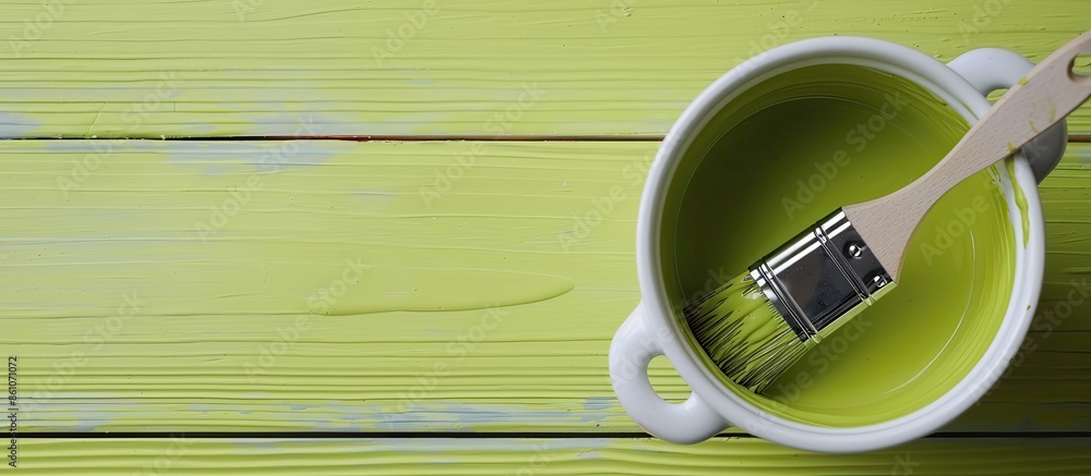 Aufkleber Looking down on a paintbrush sitting in a white paint kettle filled with lime green paint on light multicoloured floor boarding . with copy space image. Place for adding text or design