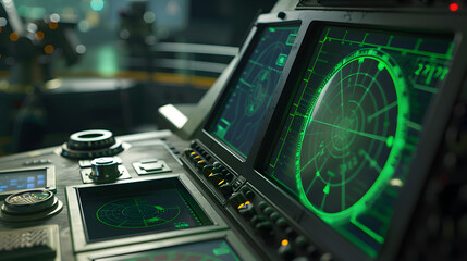 Fototapeta premium Radar screen with green display indication on a captains bridge of modern ship : Generative AI