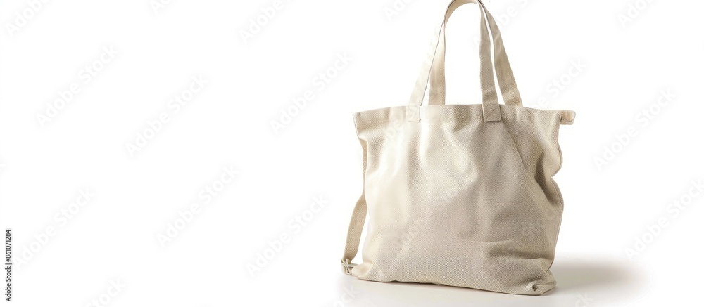 Poster eco friendly beige colour fashion canvas tote bag isolated on white background. copy space image. pl